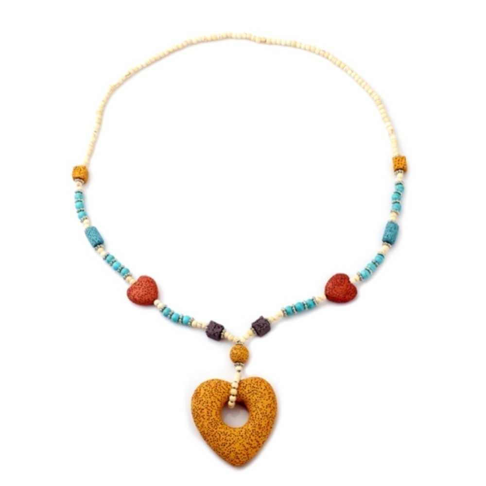 Multi Color Lava & White Blue Howlite Beaded Necklace Heart Charm 28” Silvertone - Picture 3 of 7